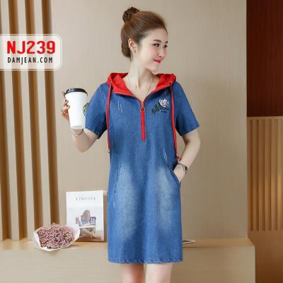 ĐẦM JEAN KIỂU PHỐI NÓN ĐỎ THÊU HOA HỒNG - NJ149